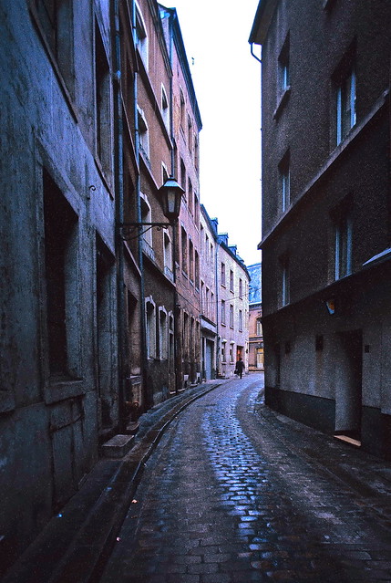 Cobblestone streets of Luxembourg City, January 1972 — photo by John Beach