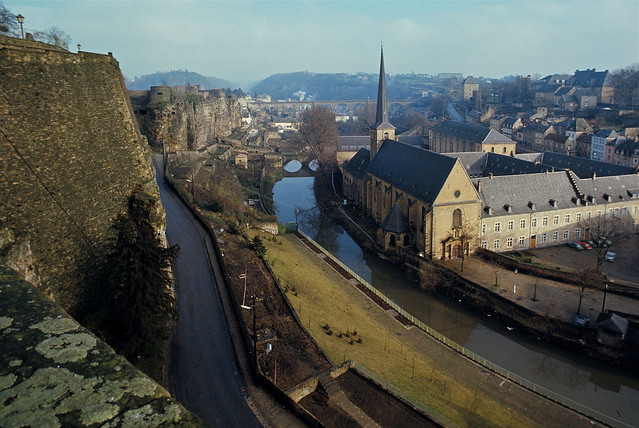 The Citadel, once part of Fortress Luxembourg. Church of St. John the Baptist below. Luxembourg City, January 1972 — photo by John Beach