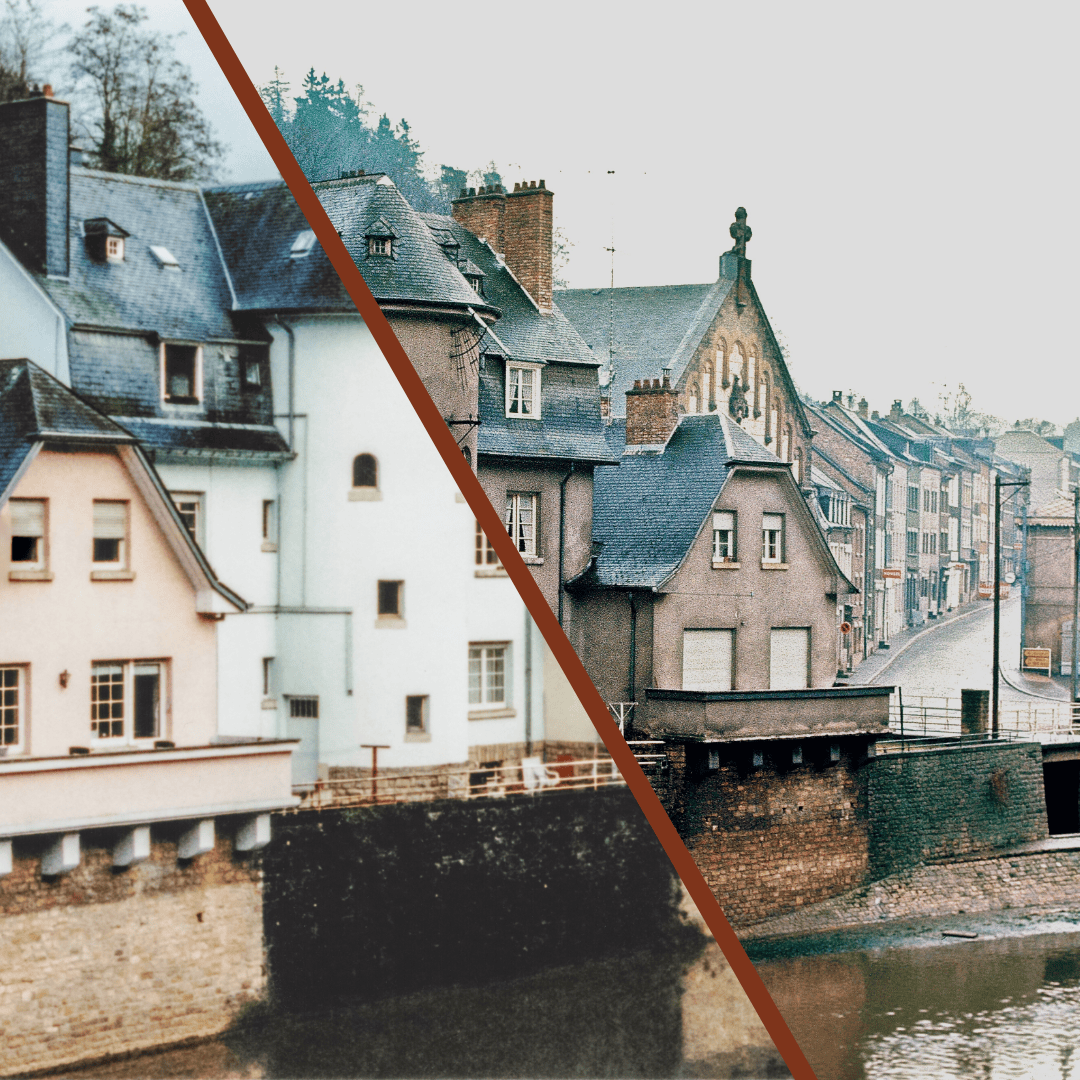 Buildings along the Alzette River and “Red Bridge”